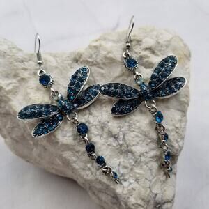 Blue Crystal Mystic Dragonfly Dangle Earrings